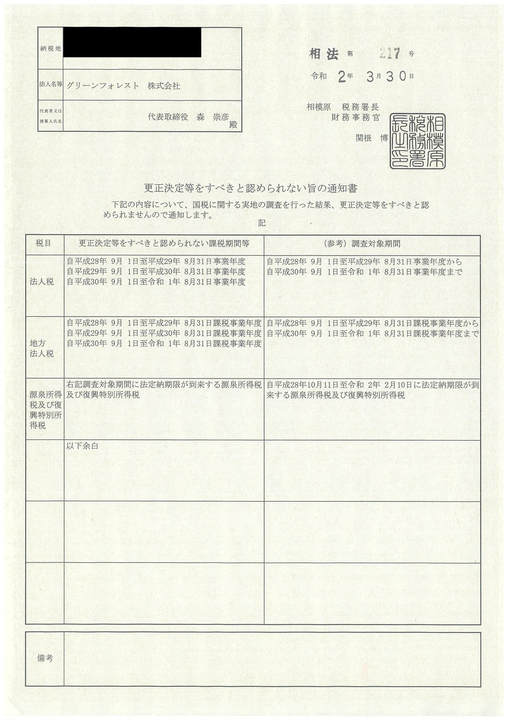是認通知書